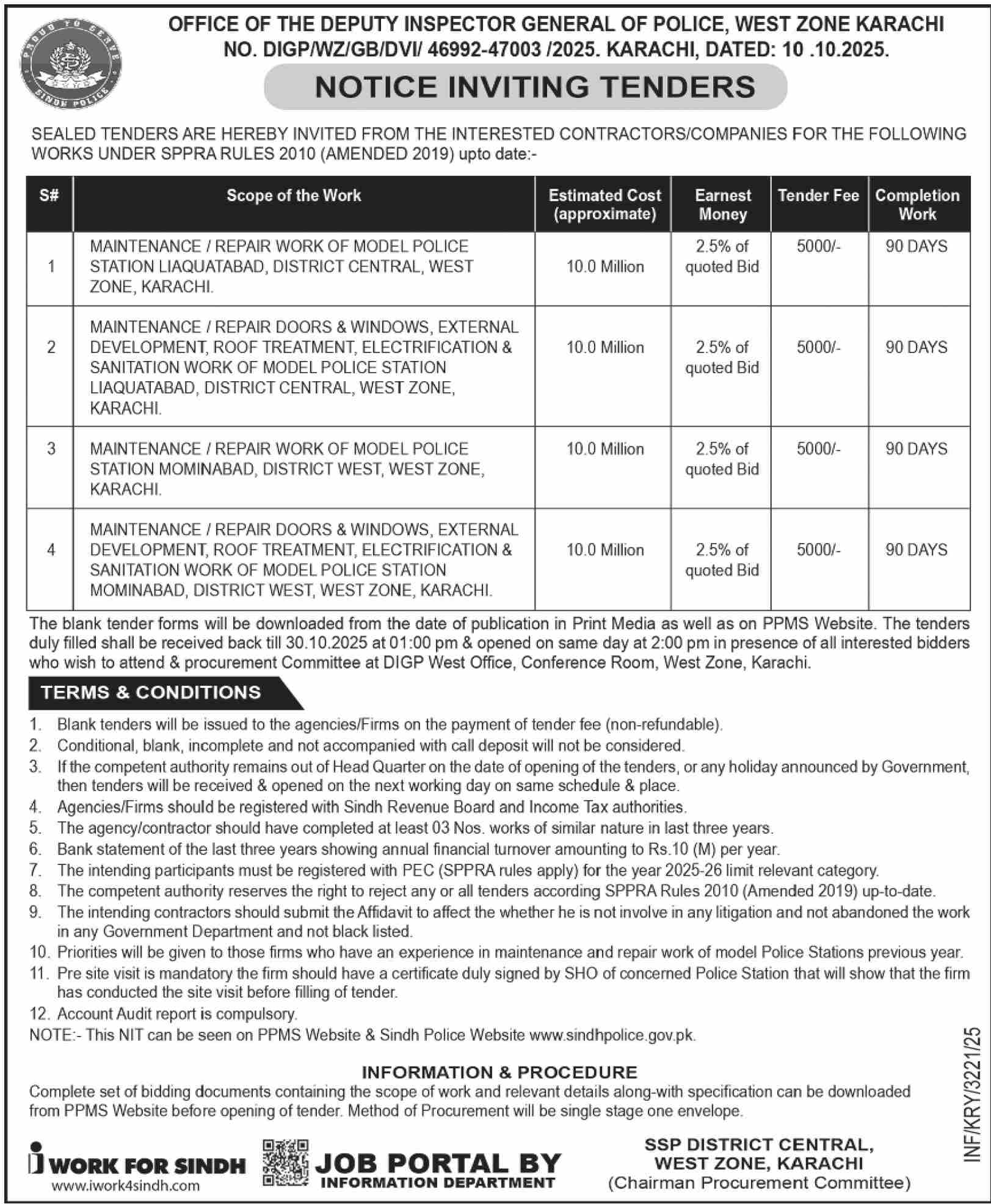 Police Department Karachi Tender Notice
